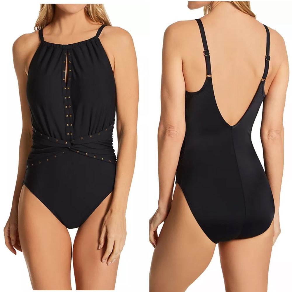 MagicSuit Riveted Diana One Piece Swimsuit Womens Size 14 Black Slimming NWOT